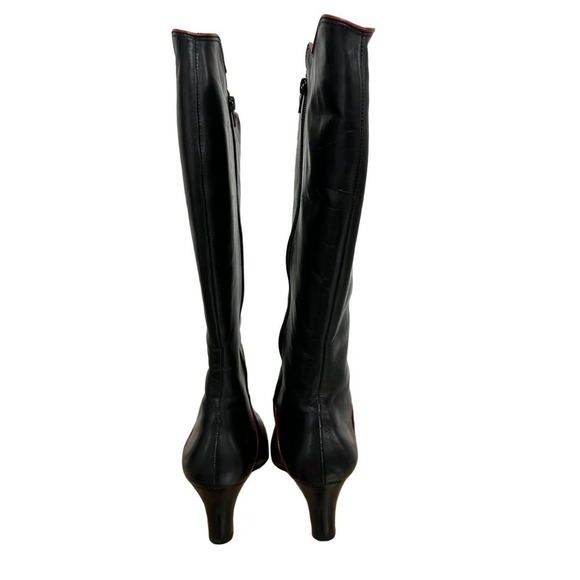 Mob Wife VTG Ros Hommerson 80s Black Leather Boots Scallop Top Red Trim 8.5 Wide - Picture 6 of 8